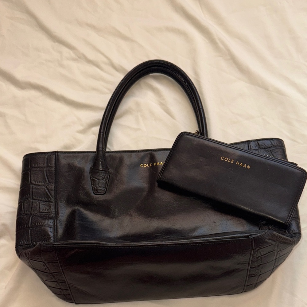 Cole Haan Black Croc-Embossed Leather Tote and Wallet